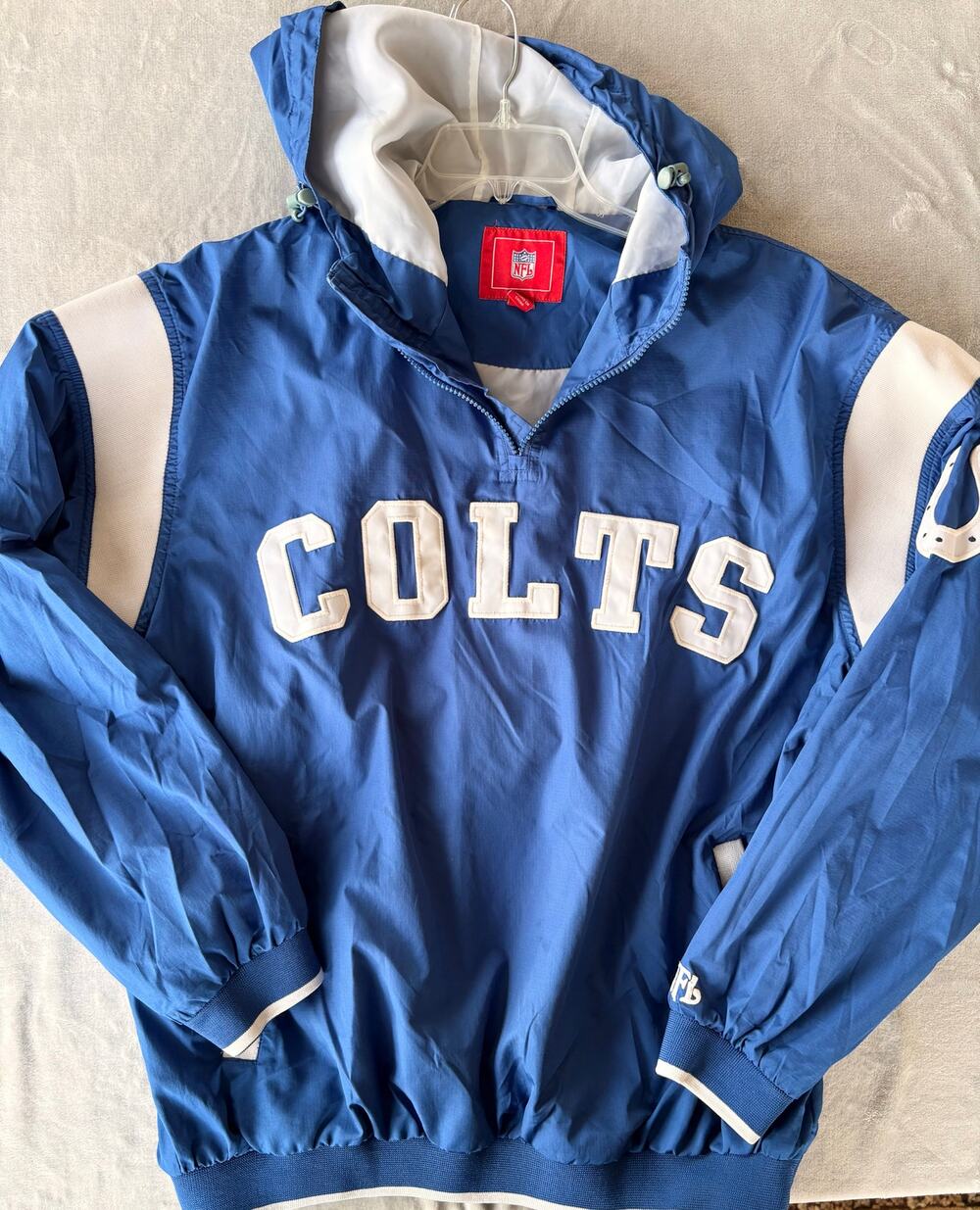 NFL Colts Jacket Windbreaker Mens L 1/4 Zip Hooded Embroidered Pullover VTG
